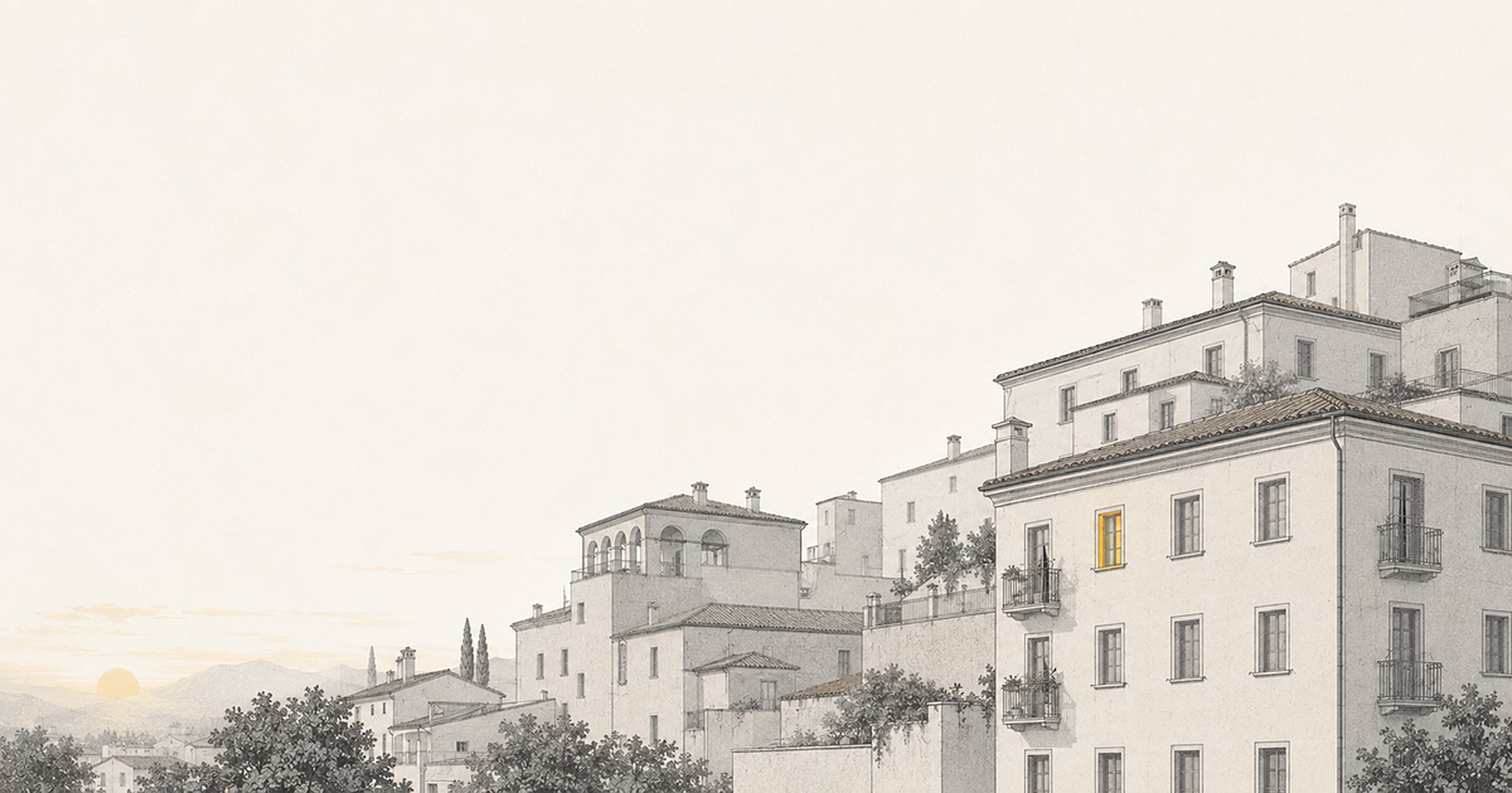 Illustrazione: un fronte urbano italiano con portici, alberi e biciclette