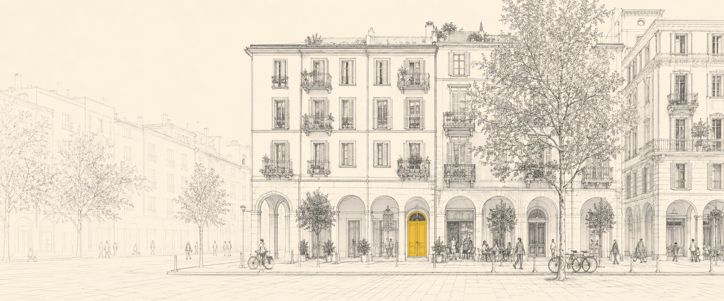 Illustrazione: un fronte urbano italiano con portici, alberi e biciclette