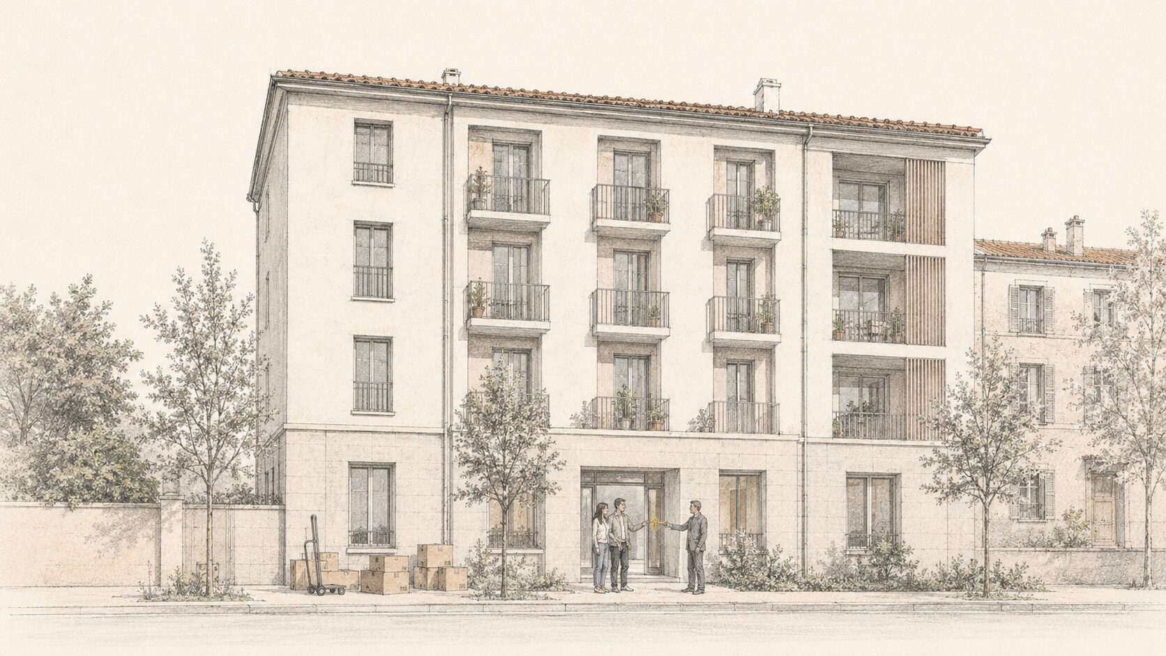 Illustrazione: consegna delle chiavi davanti a un palazzo residenziale ristrutturato