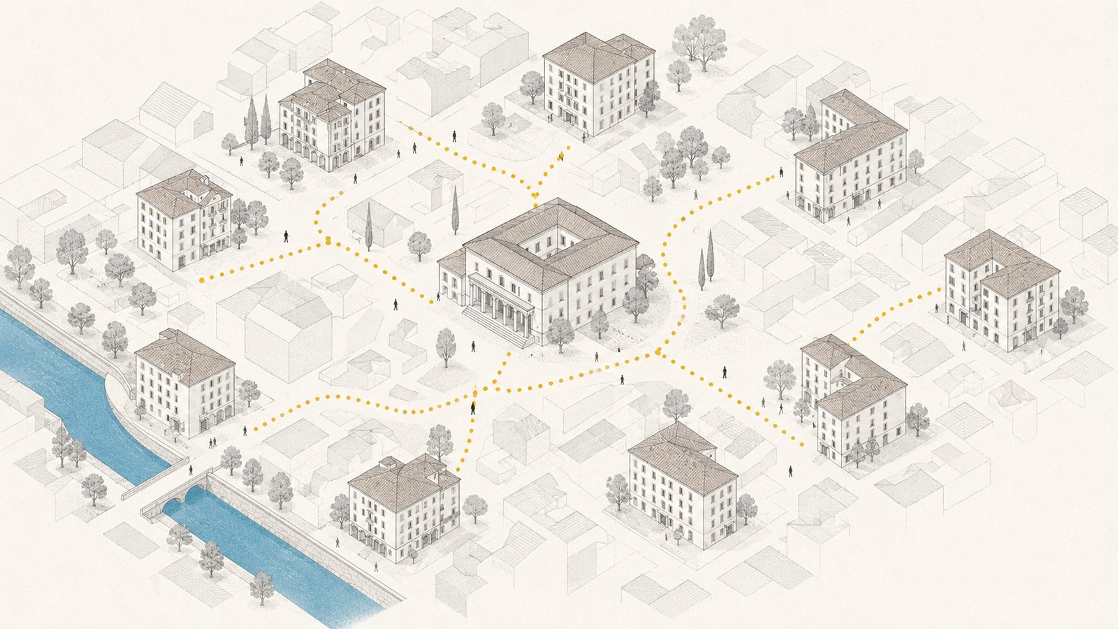 Illustrazione: appartamenti gestiti in rete nel tessuto della città