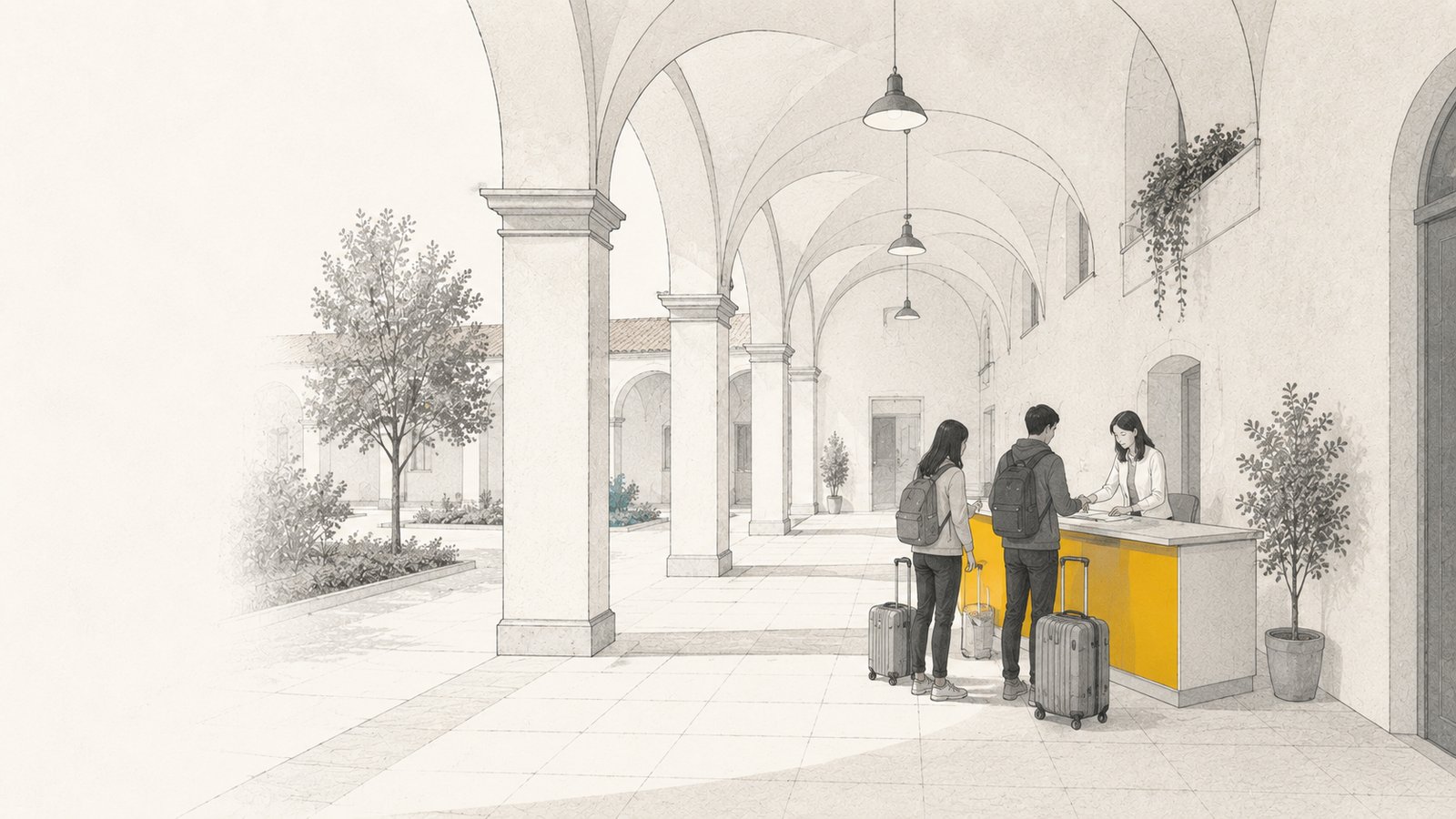 Illustrazione: due persone con le valigie accolte alla reception di una residenza